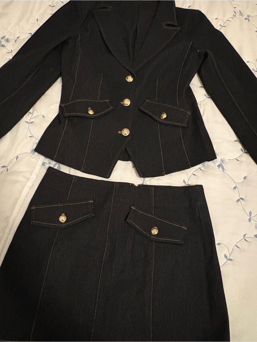 Tailored Black Women's Blazer & Skirt Set with Gold Buttons